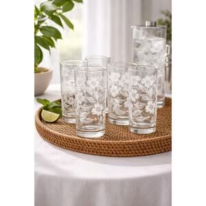 Vintage Tumbler Drinking Glasses Glassware Libby White Floral Print Set of 6